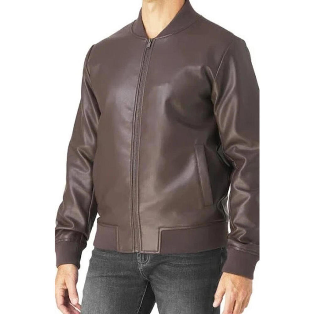 NEW, Men's Slate & Stone Leather Bomber Jacket in Brown Size L #SJ1927